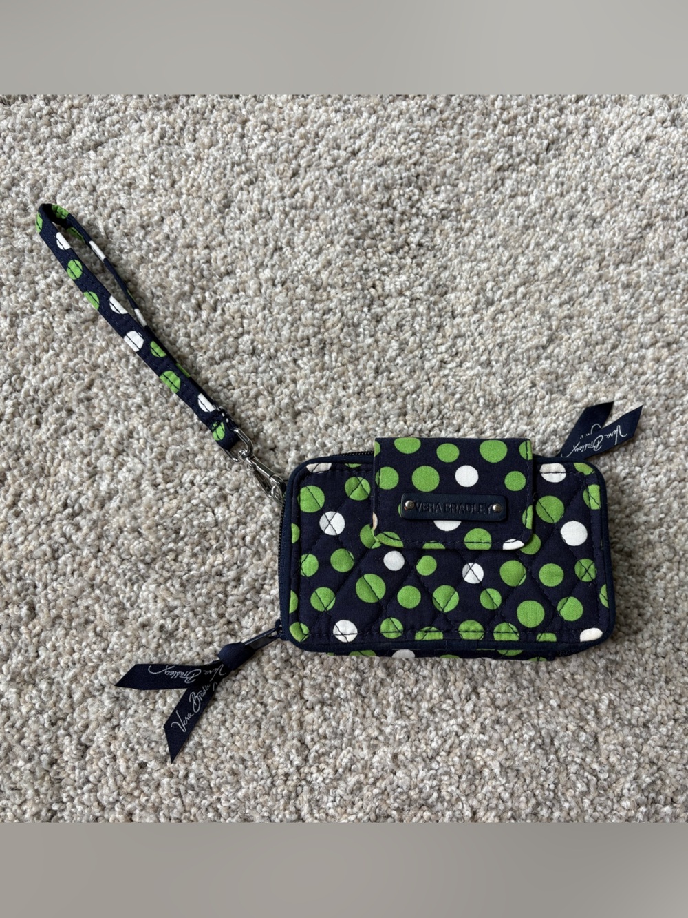 Vera Bradley Navy with Green Polka Dot Zip Wristlet Wallet with Strap